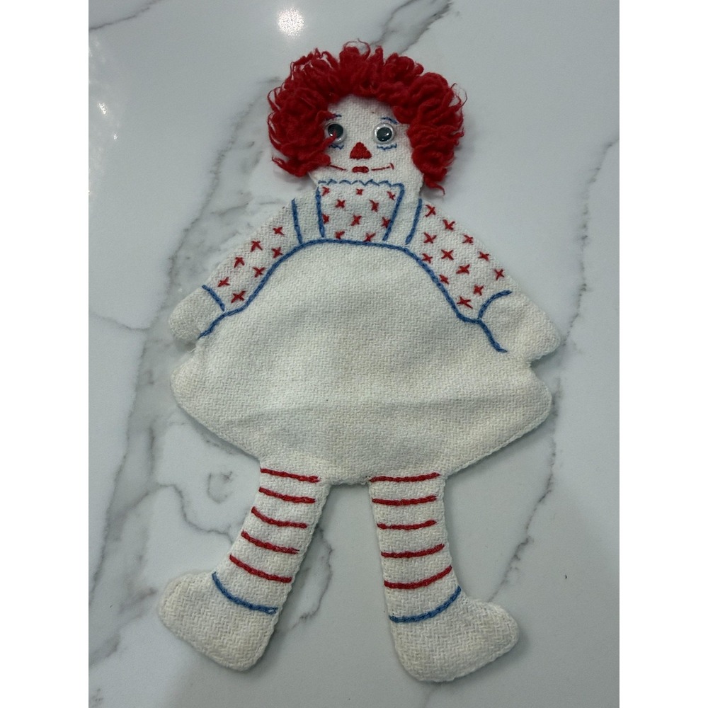 Vintage Raggedy Ann Style 12in Cloth FlatRag Doll Red Yarn Hair Embroidered Face